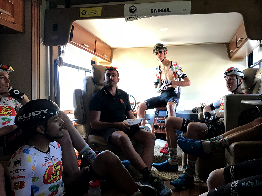 Team Meeting on bus, Tour of Utah 2018
